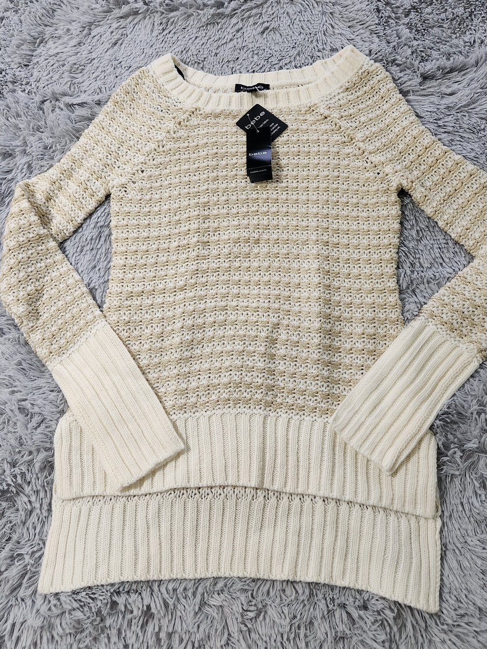 Bebe Cream and Gold Hi-lo Crewneck Sweater